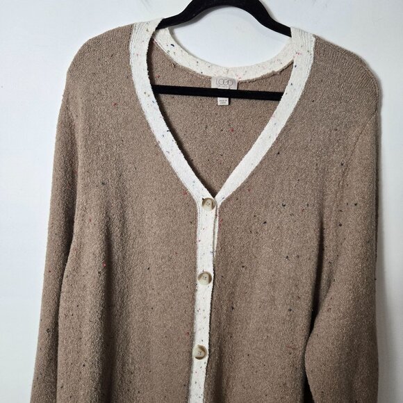 LOGO by Lori Goldstein Size 2X Tan Color Blocked Speckled  Button Front Cardigan - Picture 2 of 10